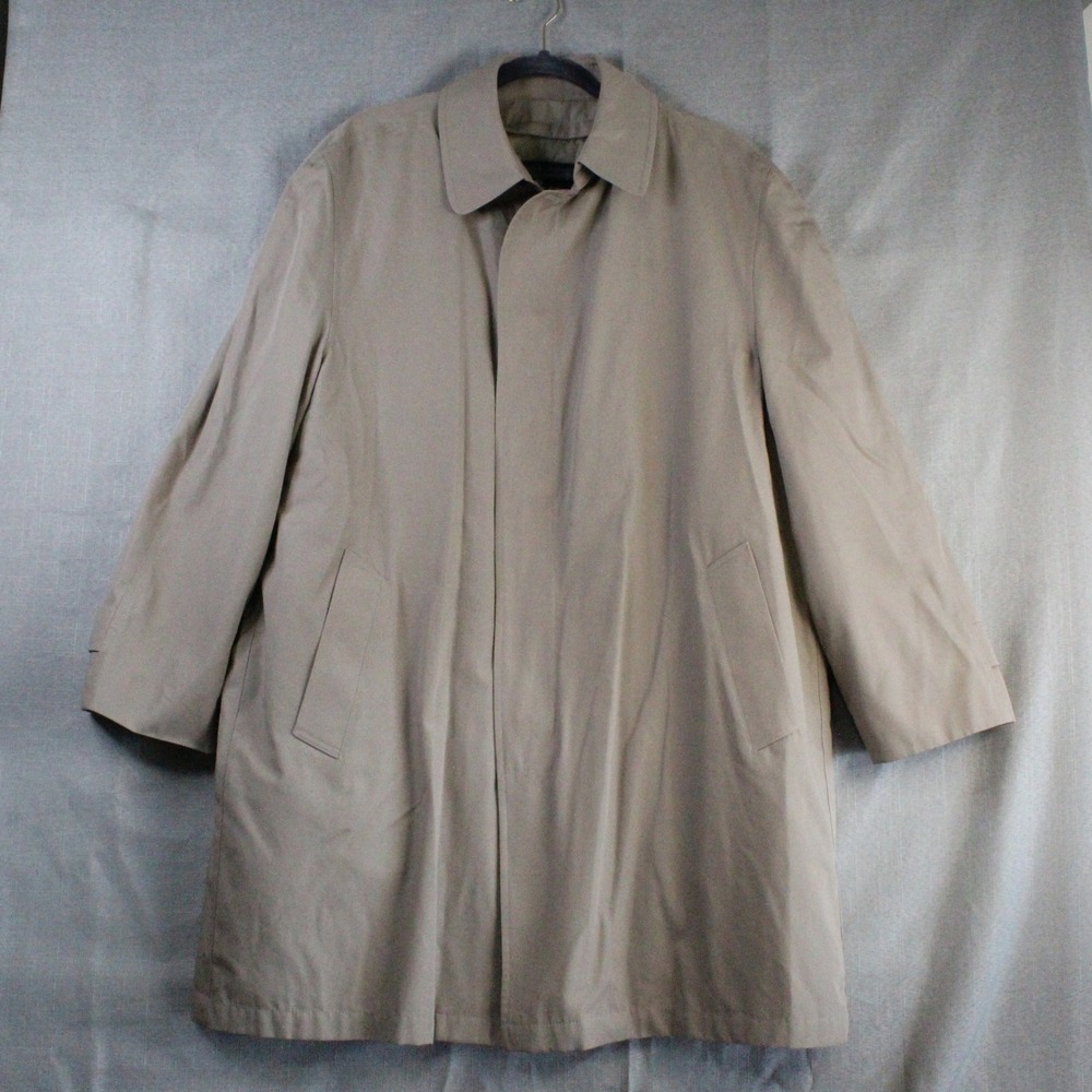 London Fog Mens Trench Coat Large Tan Khaki Zip Out Liner Minimalist Preppy Coat